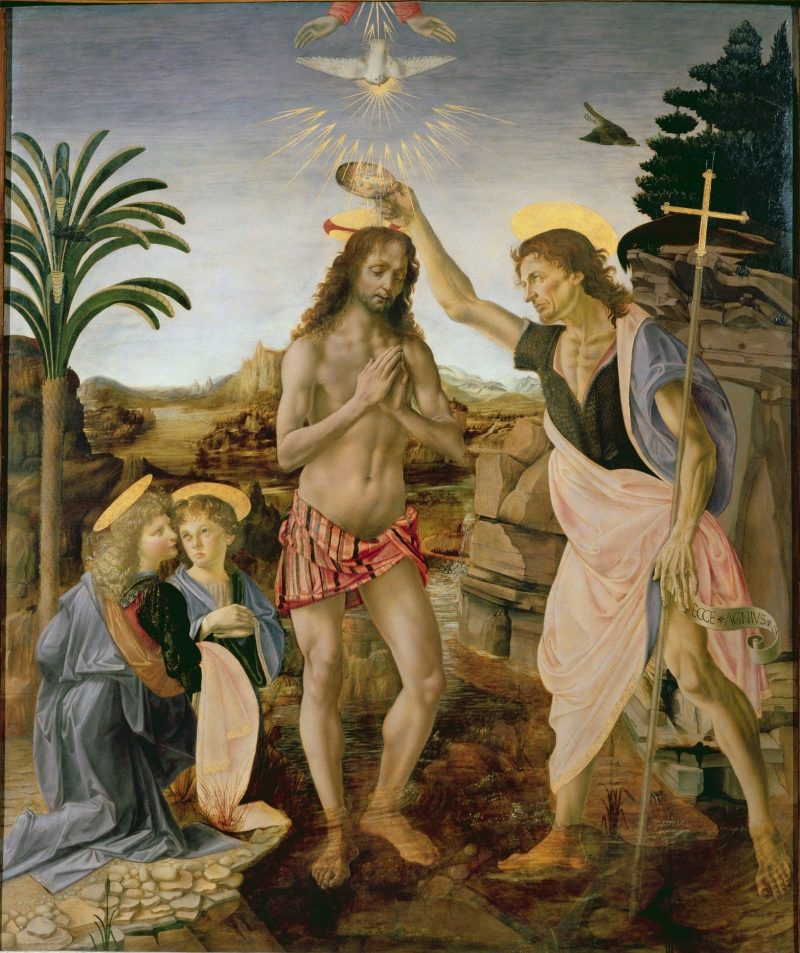 The Baptism of Christ (1472–75), Uffizi, by Verrocchio and Leonardo