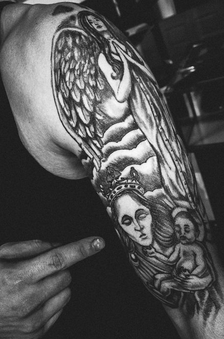 PLATINUM TATTOO STUDIO BALI | just done angel religious themes on leg piece  and it look mint 🔥🔥 please DM⬇️ . . . @platinumtattoostudiobali  @platinumtattoos... | Instagram