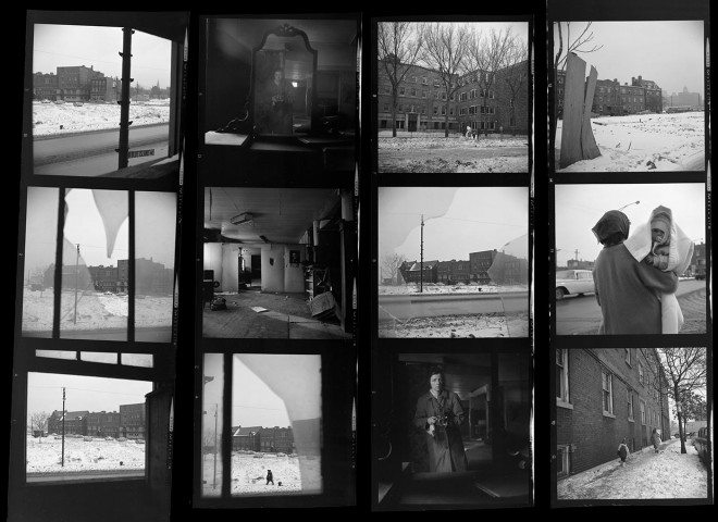 Vivian Maier Contact Sheet / Chicago, 1963. Photos taken in an abandoned area, note the self-portraits and architecture shots.