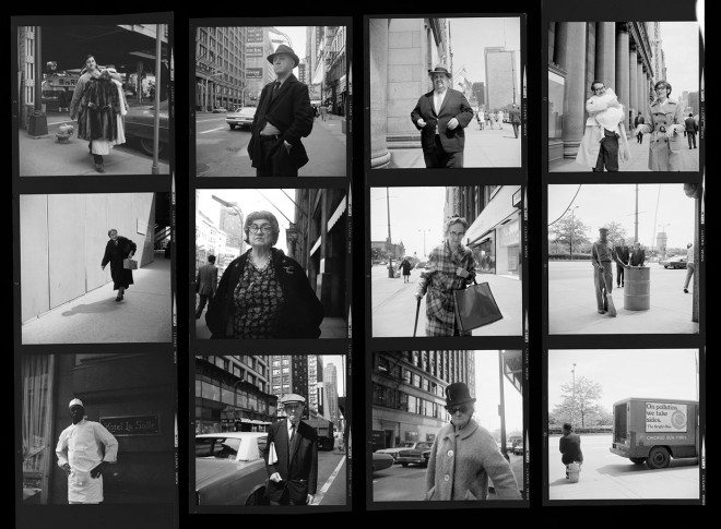 Vivian Maier Contact Sheet / Chicago, 1970. Lots of candid shots on the streets, many of which are people walking by.