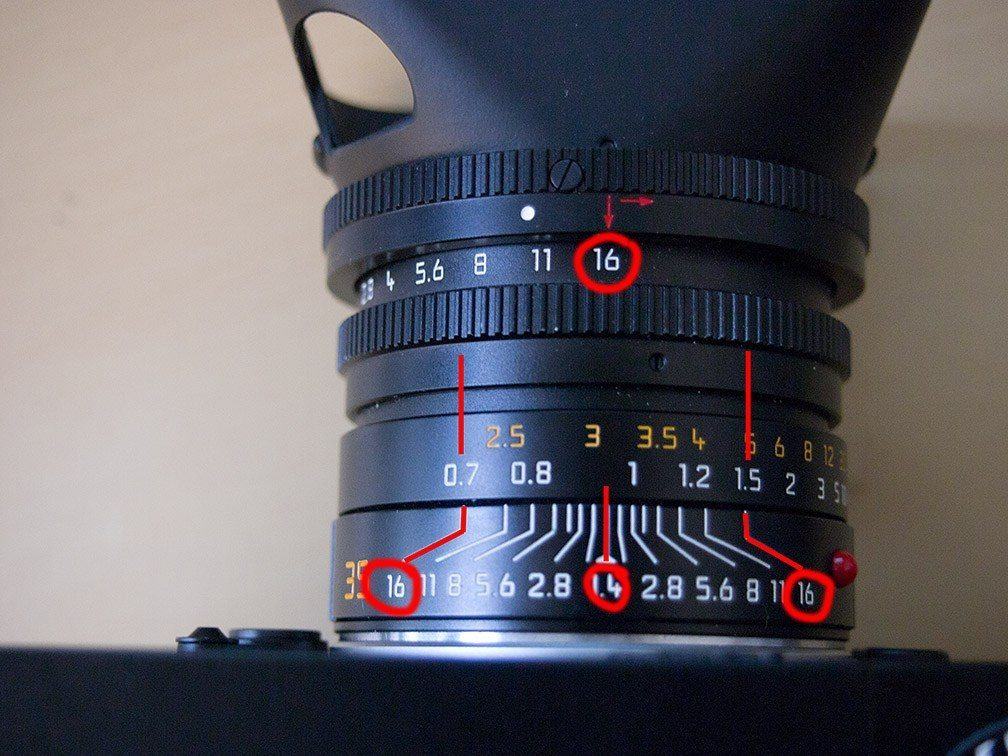 Aperture at f/16 and focused to around .9 meters. You can see everything from .7 meters to 1.5 meters will be in-focus