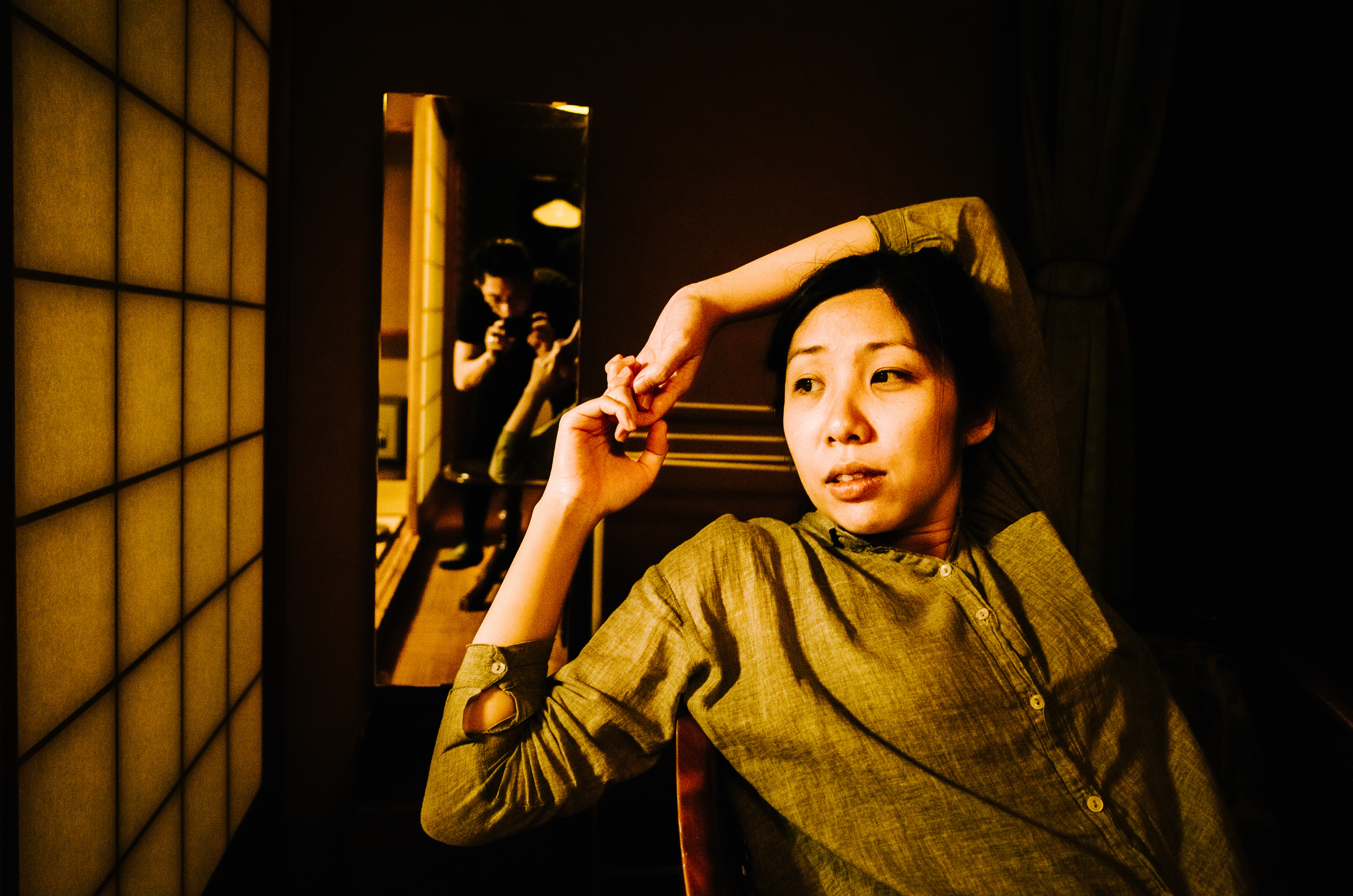 Cindy stretching and self portrait of ERIC in Uji Ryokan. 2017