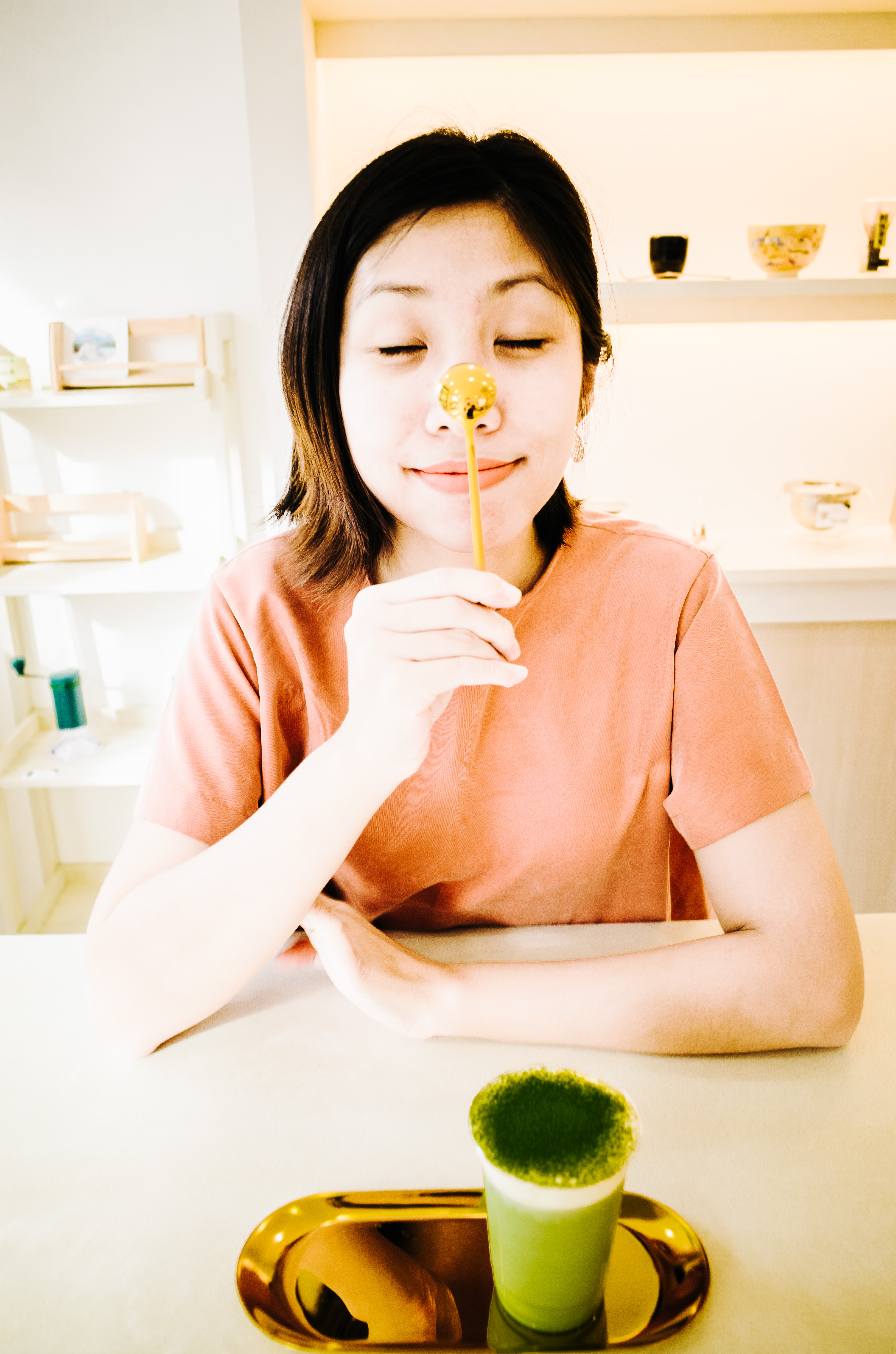 Cindy with spoon and matcha tea. Uji, Kyoto 2017