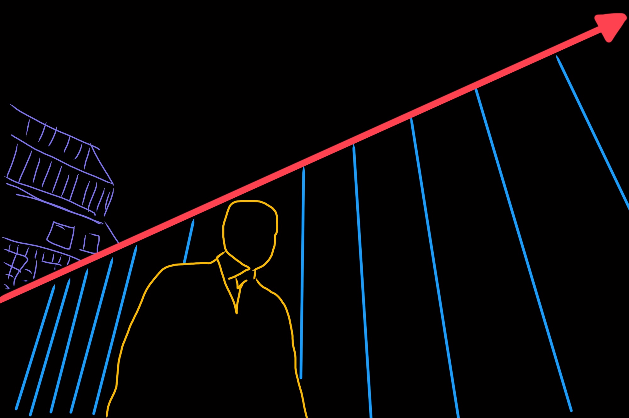 Abstract image, outlining the man (yellow), the background (blue) and the leading line (red)