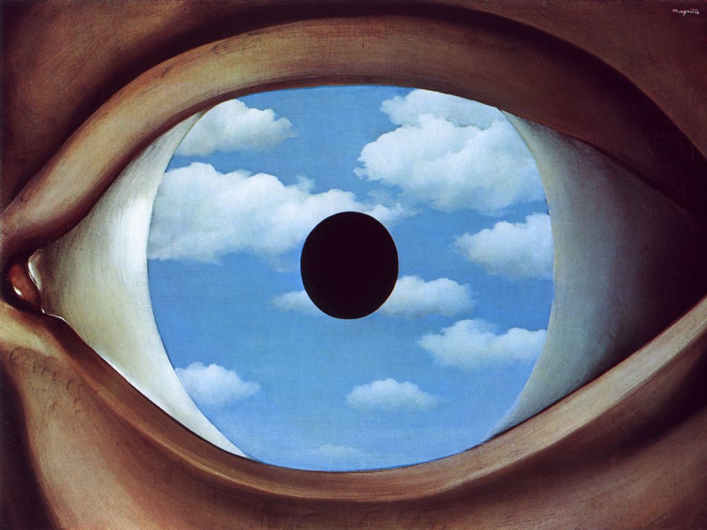 1928, the fslse mirror eye in clouds by Rene Magritte