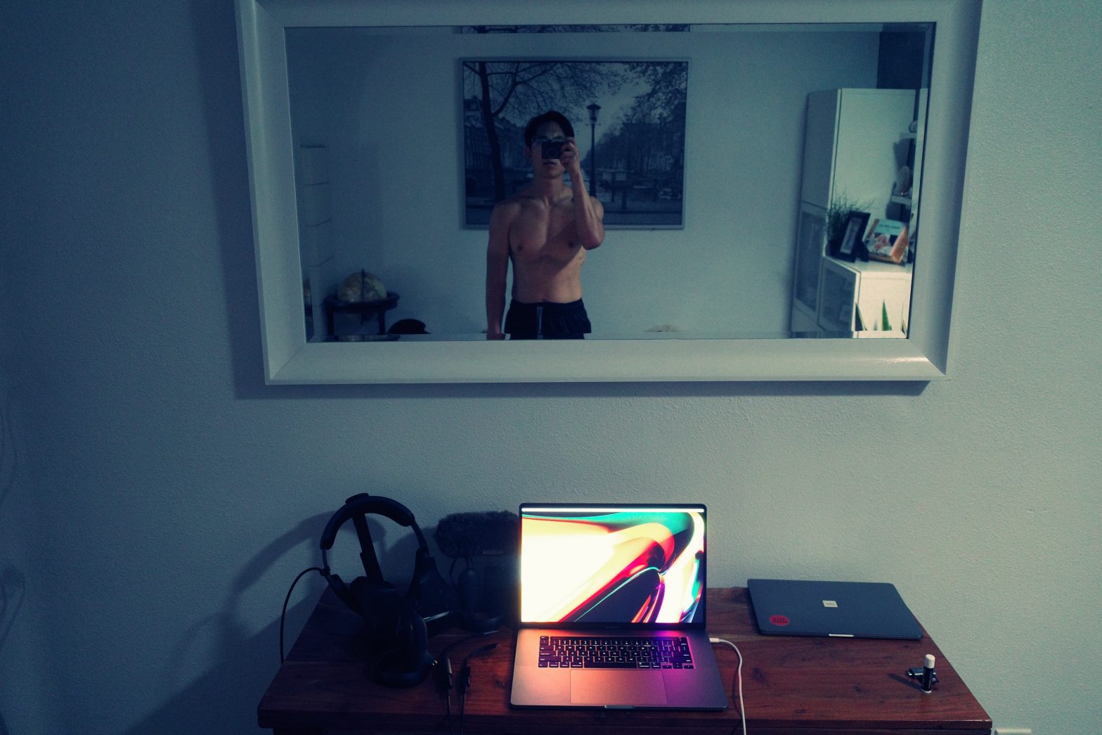 selfie eric kim mirror two laptop