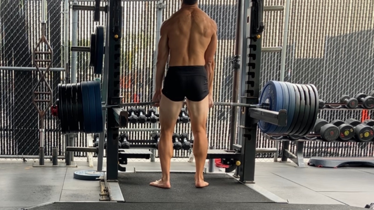 705 POUND RACK PULL ATTEMPT GOLDâ€™S GYM VENICE BEACH OUTDOORS TOPLESS ERIC KIM DEMIGOD BACK TRAPS