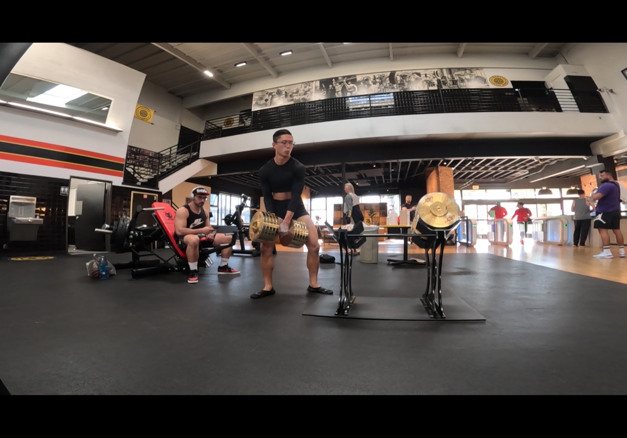 330 POUND GOLDâ€™S GYM VENICE DUMBBELL GOLDEN DEADLIFT ERIC KIM UNORTHODOX LIFTS NO STRAPS JUST CHALK